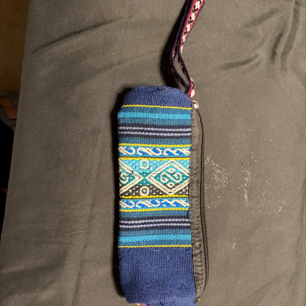 Blue Multicolor Woven Geometric Zipper Pencil Case Pen Pouch Boho